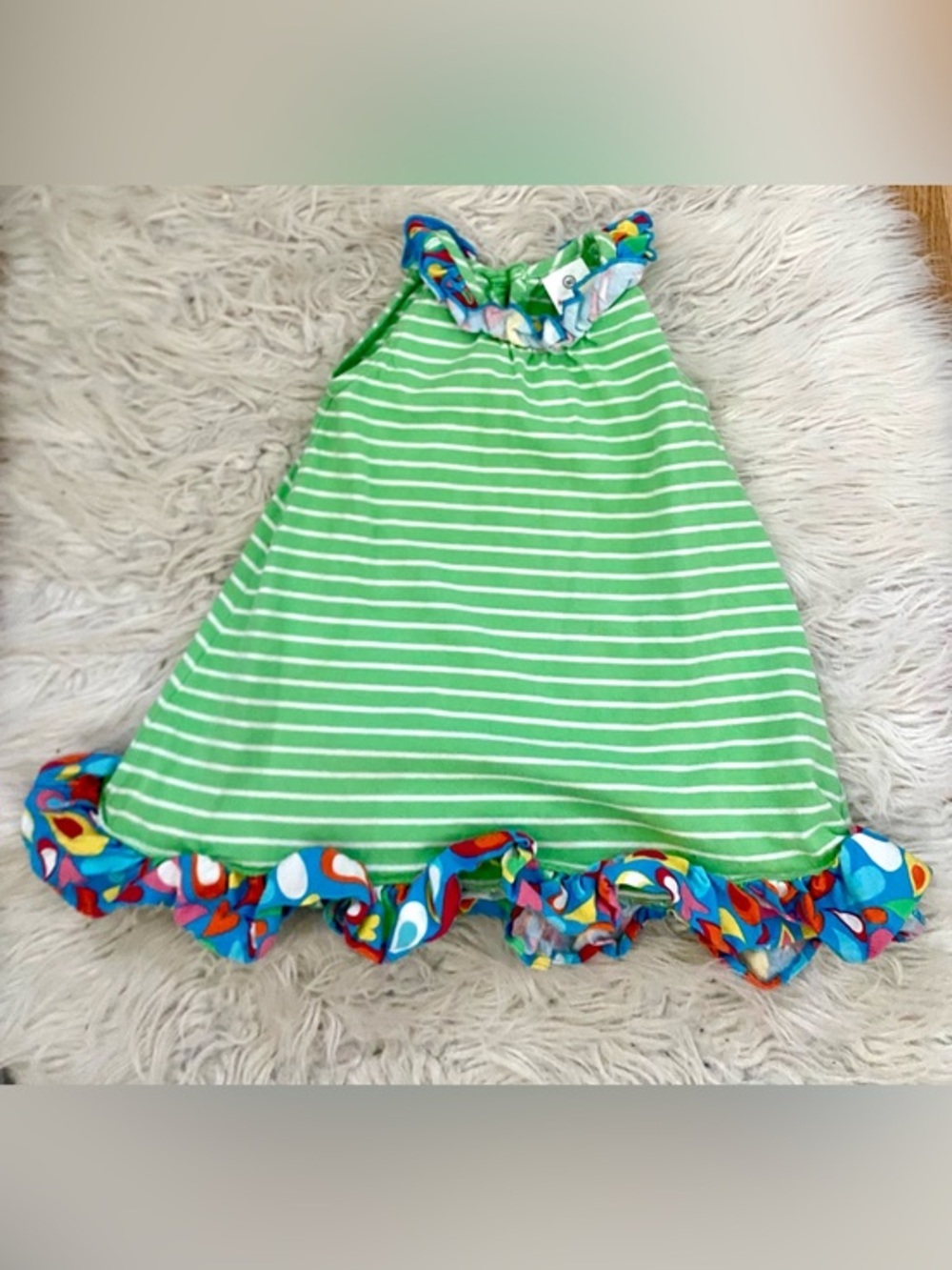 Hanna Andersson Green Stripe Cotton Ruffle Sleeveless Dress Size 80 US 2